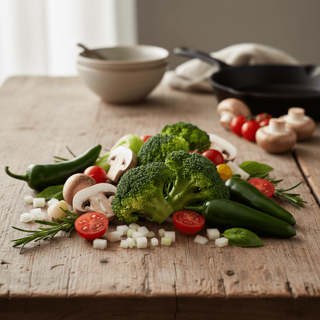 Fresh vegetables including broccoli, mushrooms, tomatoes, onions, and jalapeños on a wooden table
