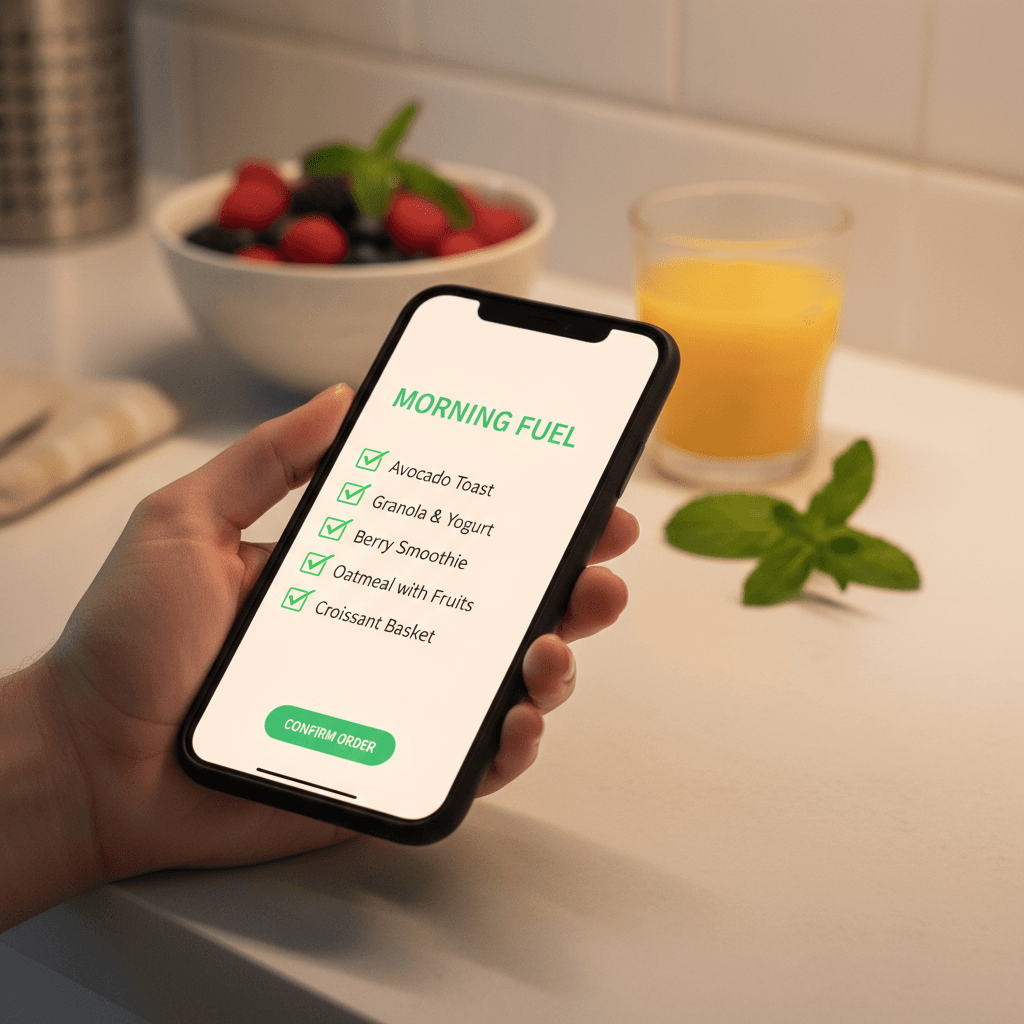 Smartphone displaying breakfast order selection