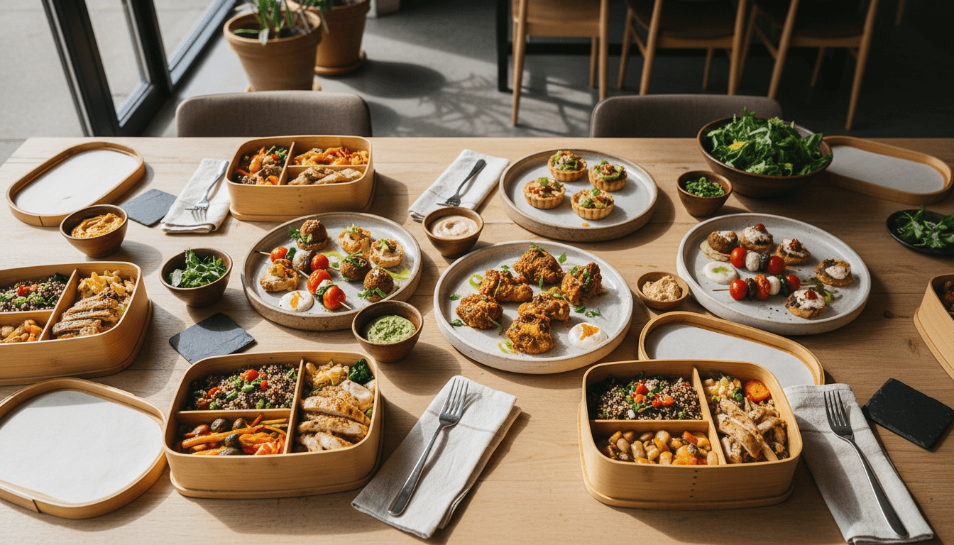 Colorful lunch boxes and catering platters arranged on wood surfaces with fresh ingredients and garnishes