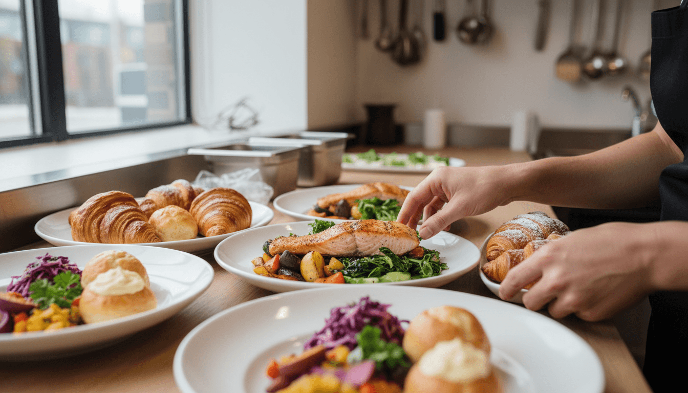 Fresh lunch spread with artisanal pastries and soulful bites arranged on white platters