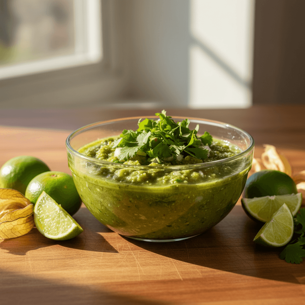 Bright tomatillo salsa with fresh cilantro in clear glass bowl