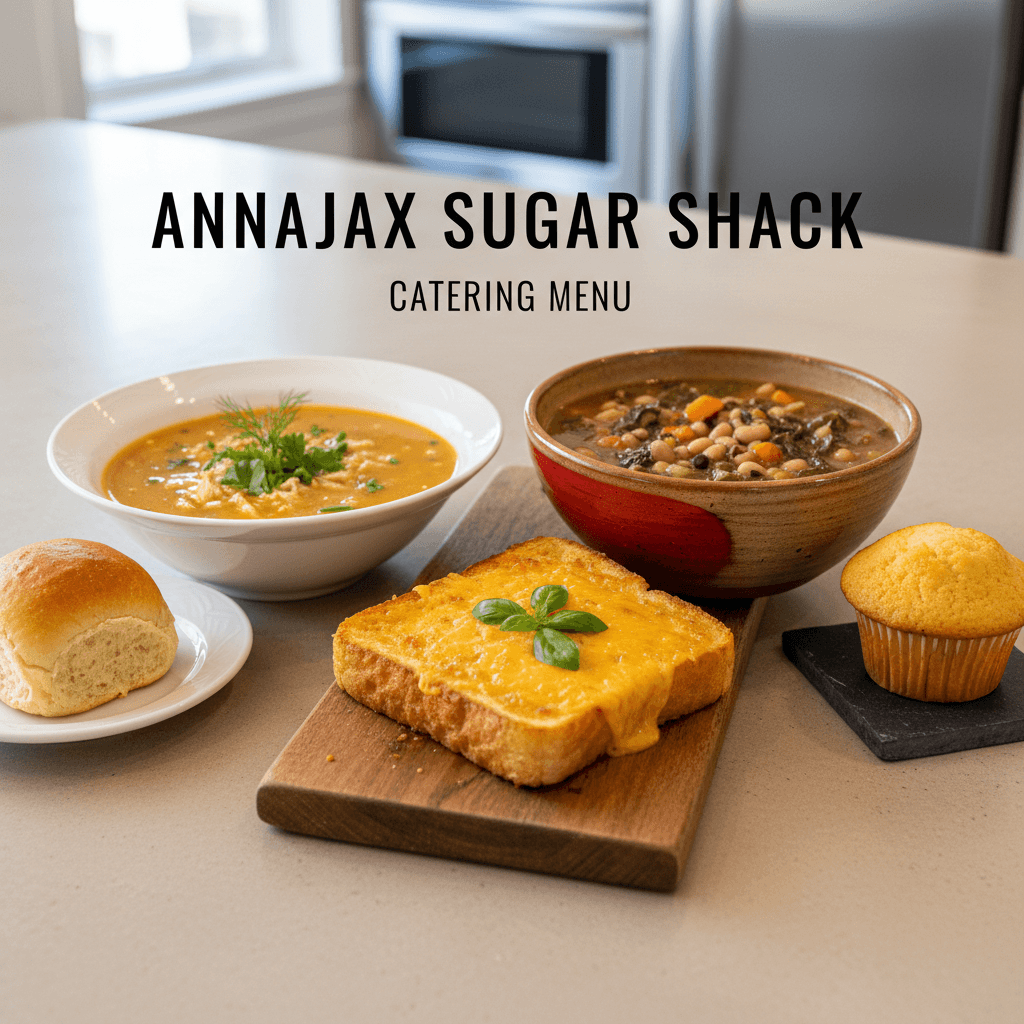Three gourmet soups: chicken and rice, tomato, and black-eyed pea, elegantly displayed with bread.