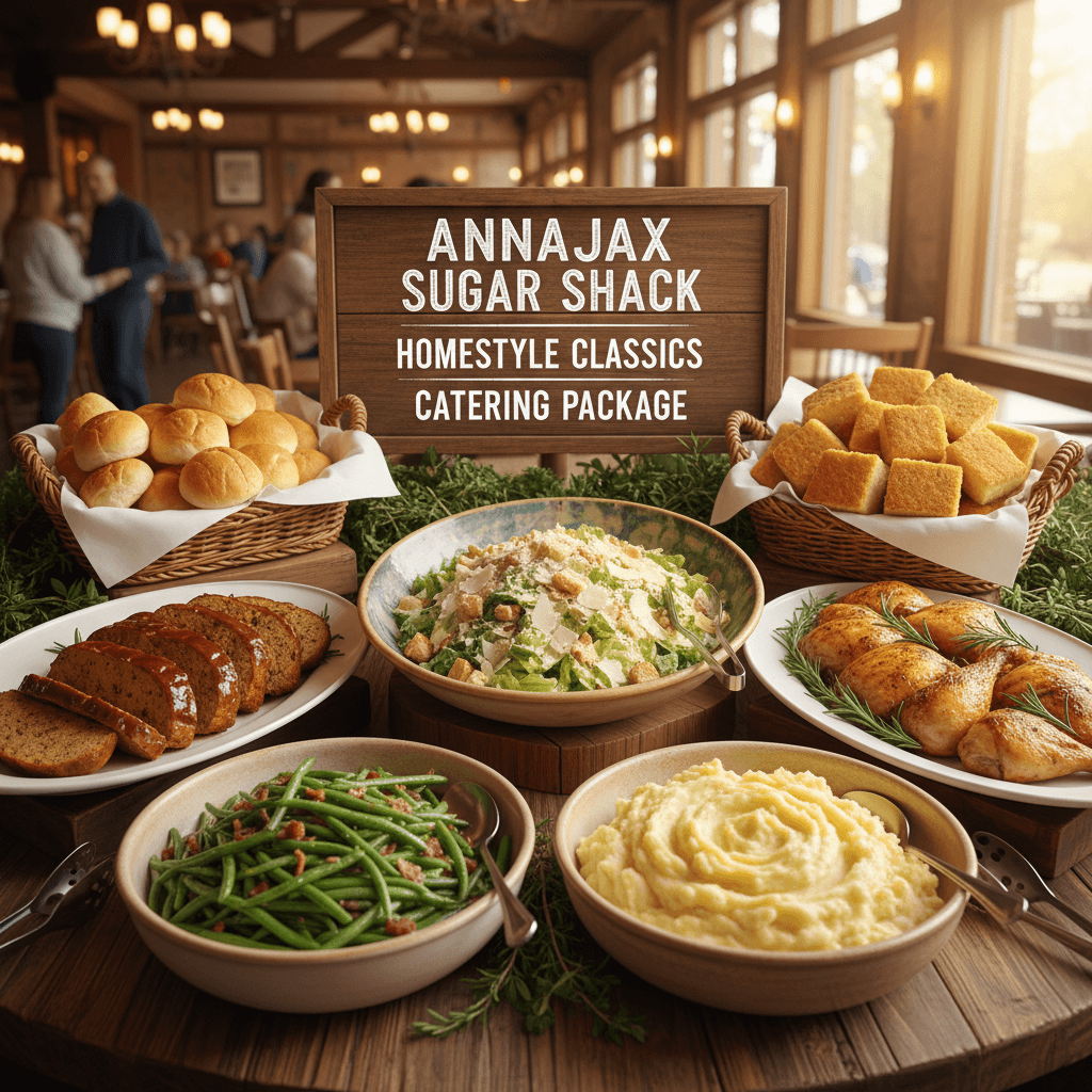 Buffet with meatloaf, roasted chicken pieces, green beans, mashed potatoes, Caesar salad, and bread.