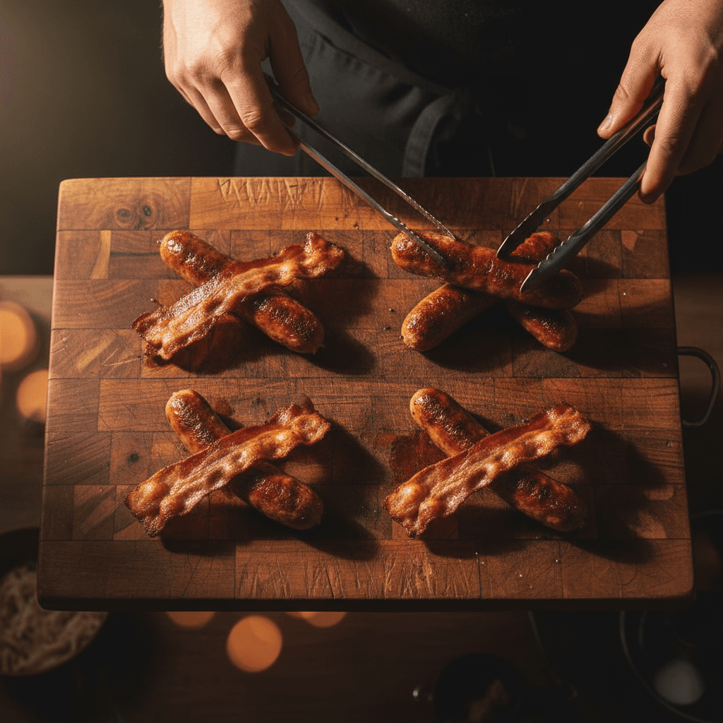 Cooked bacon and sausage links