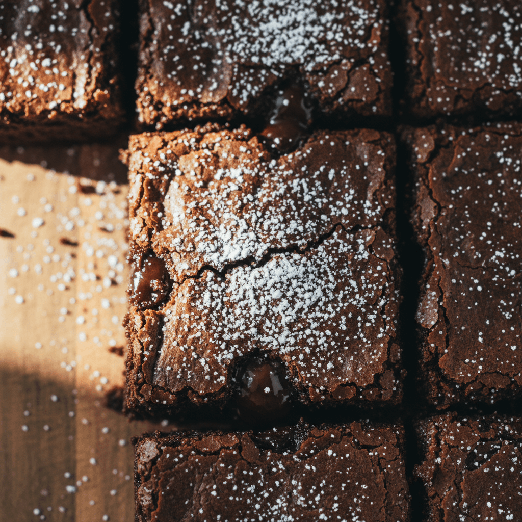 Freshly baked brownie with fudgy center dusted with powdered sugar