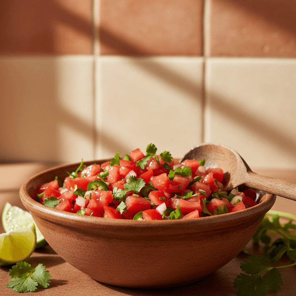 Mild salsa in rustic ceramic bowl with cilantro garnish