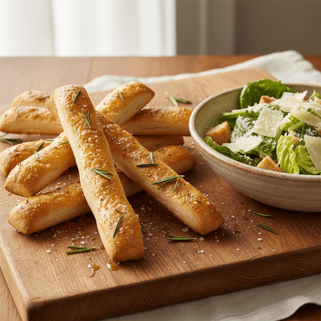 Golden-brown breadsticks with rosemary and Caesar salad on a rustic board
