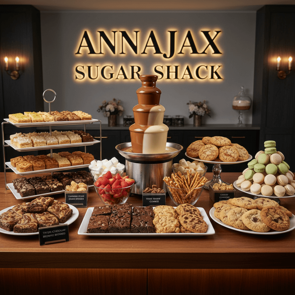 Elegant dessert bar with artisanal sweets and a chocolate fountain.
