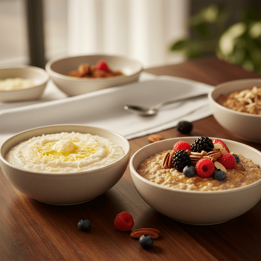 Gourmet grits and oatmeal display with toppings on a wooden table.