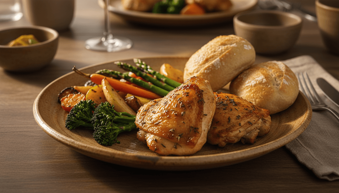 Beautifully plated Southern dinner with roasted proteins, fresh vegetables, and warm bread rolls on ceramic dinnerware