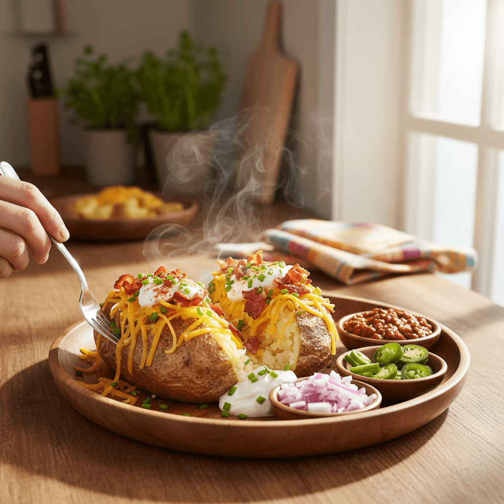 Loaded potato bar with person customizing their dish