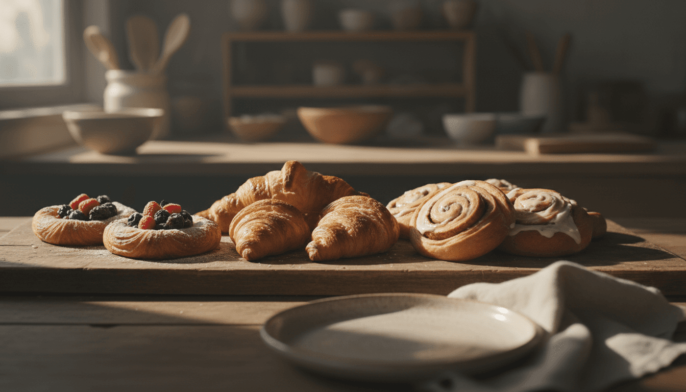 Freshly baked artisanal pastries and breakfast items on a wooden table with warm morning light