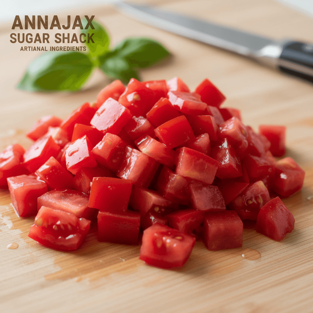 Vibrant diced tomatoes on a wooden board, highlighting freshness and color.
