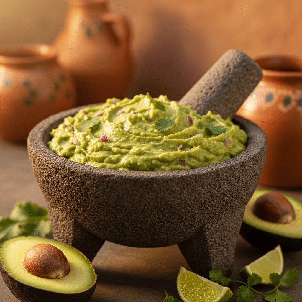 Creamy guacamole in traditional molcajete with fresh avocado