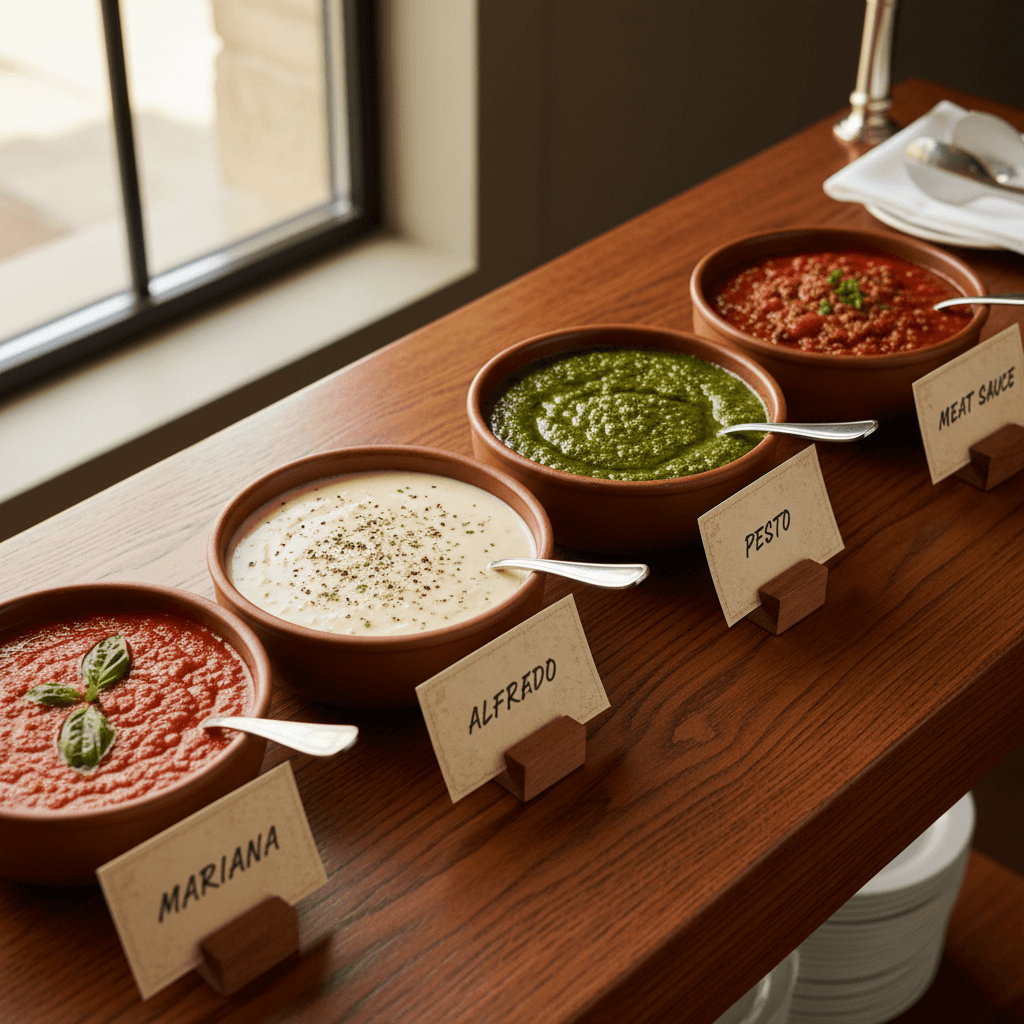 Four pasta sauces in ceramic bowls: marinara, Alfredo with herb flakes, pesto, and meat sauce on a buffet table