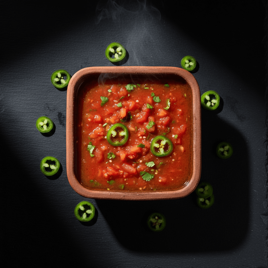 Hot salsa with visible jalapeños in traditional clay bowl