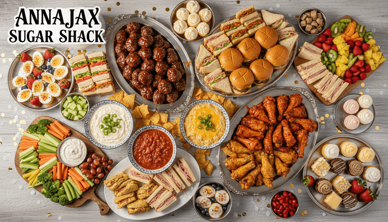 Overhead view of an array of catered savory bites and desserts for events