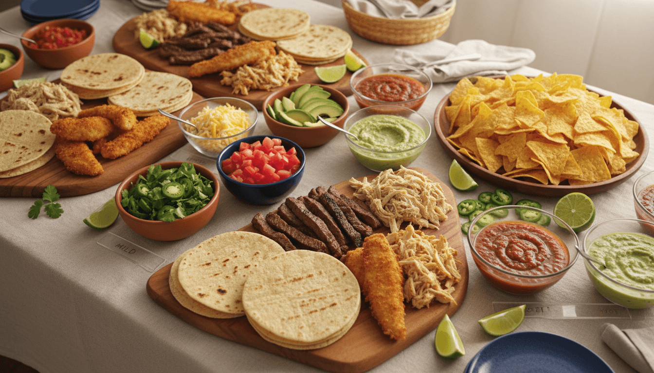 Overhead view of a complete taco bar with fresh tortillas, grilled proteins, colorful toppings, and vibrant salsas ready to serve