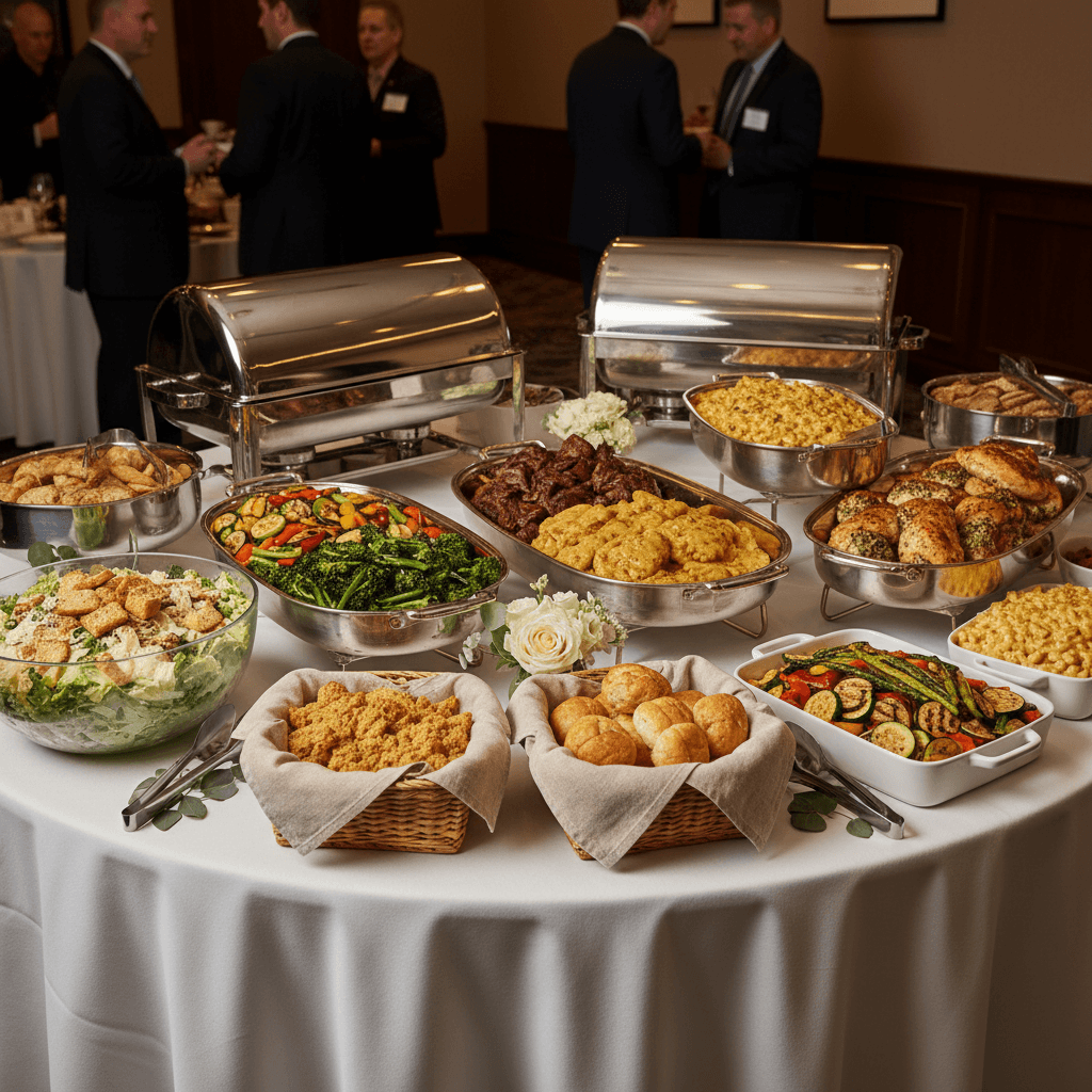 Elegant buffet with Southern comfort dishes, sides, salad, and artisan breads in a corporate setting