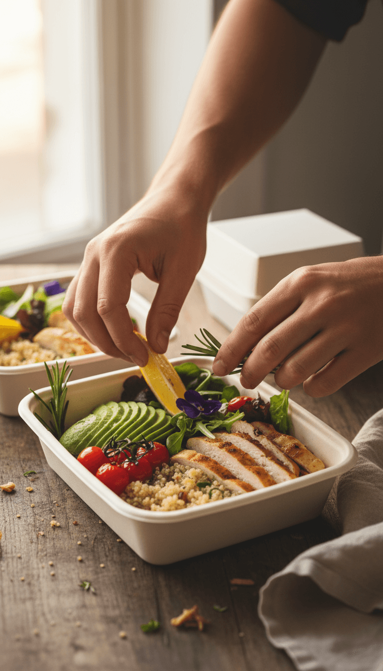 Hands arranging fresh lunch items into delivery box