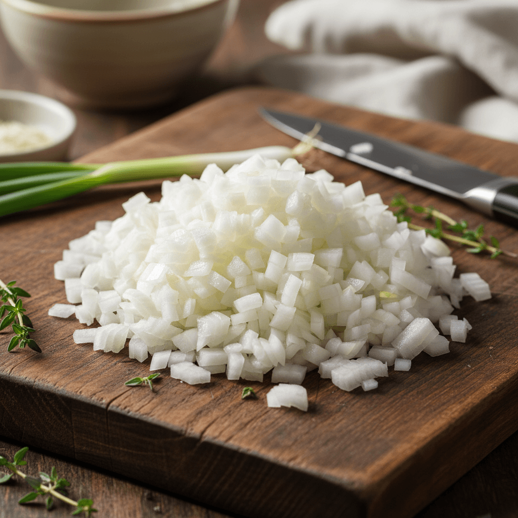 Freshly chopped white onions on a wooden cutting board, showcasing their crisp texture.