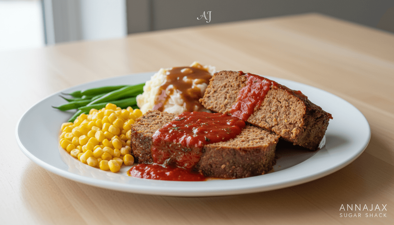 Gourmet meatloaf with red sauce, mashed potatoes, corn, and green beans on a white plate