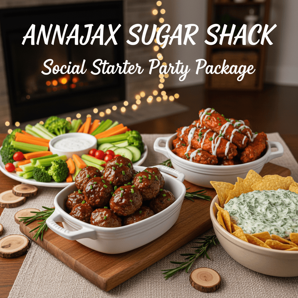 Colorful appetizer spread with meatballs, wings, veggie tray, and dip.