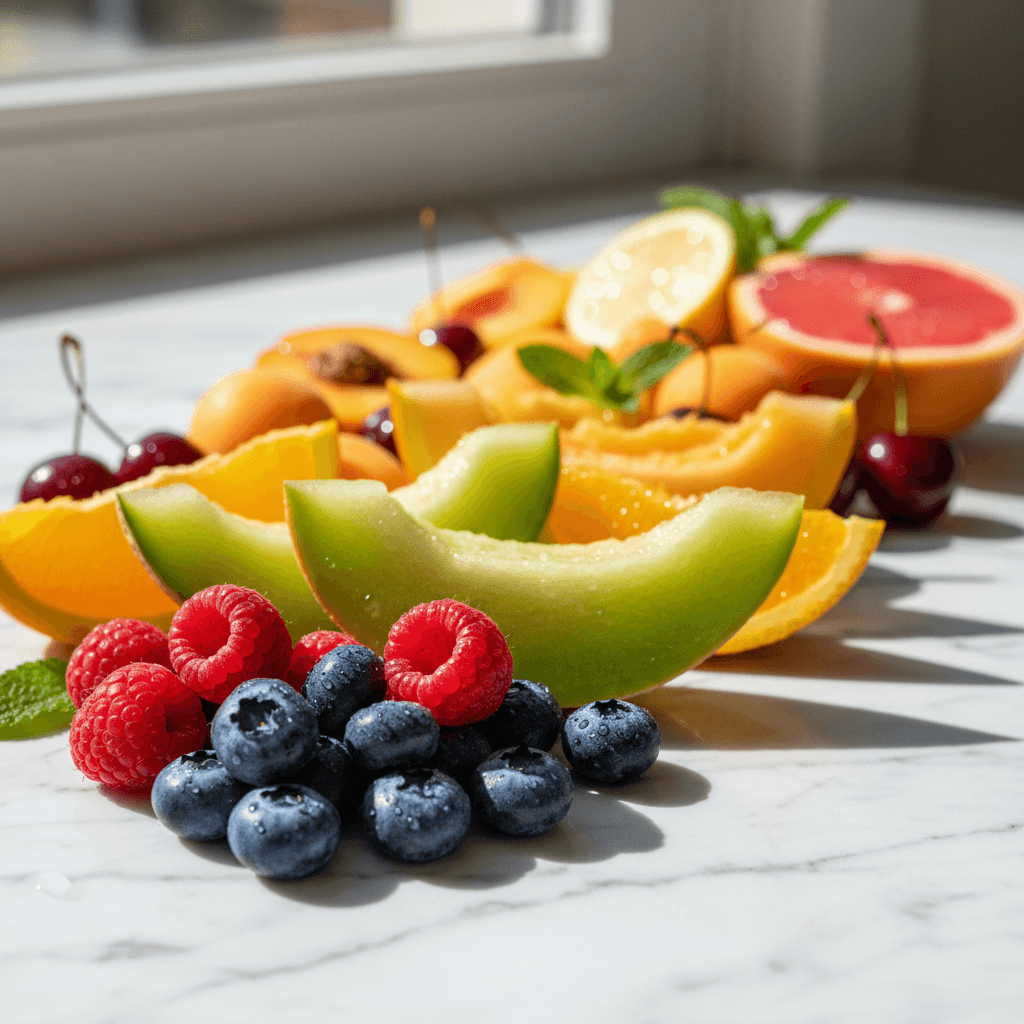 Fresh fruit display featuring berries, melon, and citrus arranged on marble