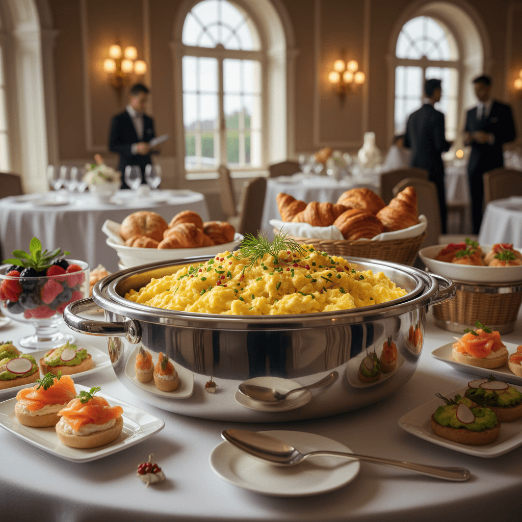 Gourmet buffet display with eggs in an elegant serving dish