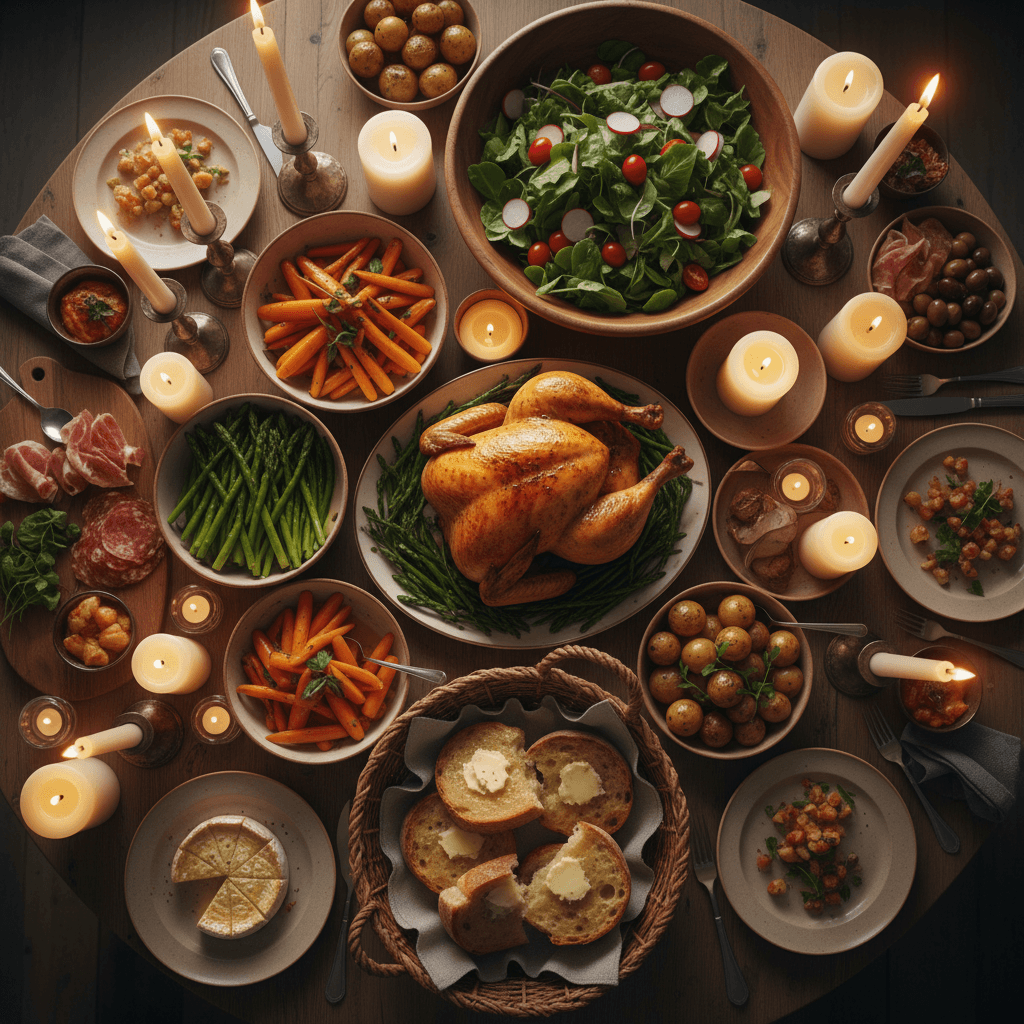 Complete dinner spread with proteins, sides, salads, and fresh bread