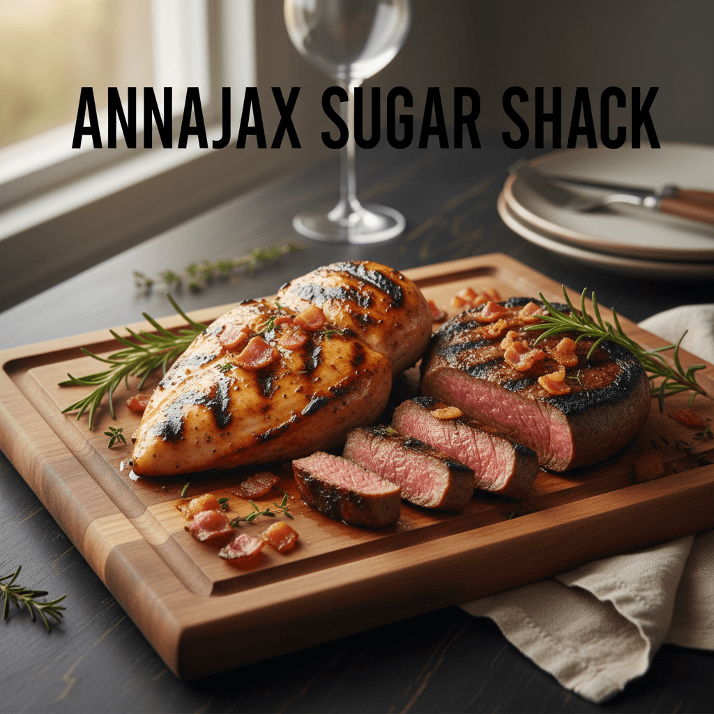 Grilled chicken breast, grilled steak, and bacon bits arranged on a wooden platter.