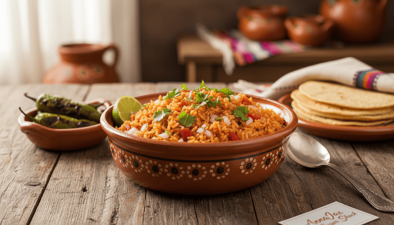 Authentic Mexican rice with tomatoes, onions, and cilantro in a clay bowl