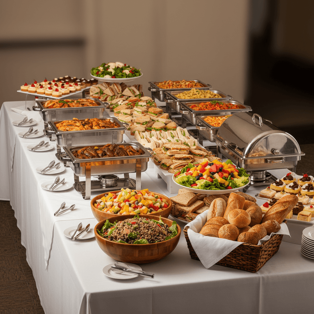 Full corporate catering spread with multiple hot and cold options