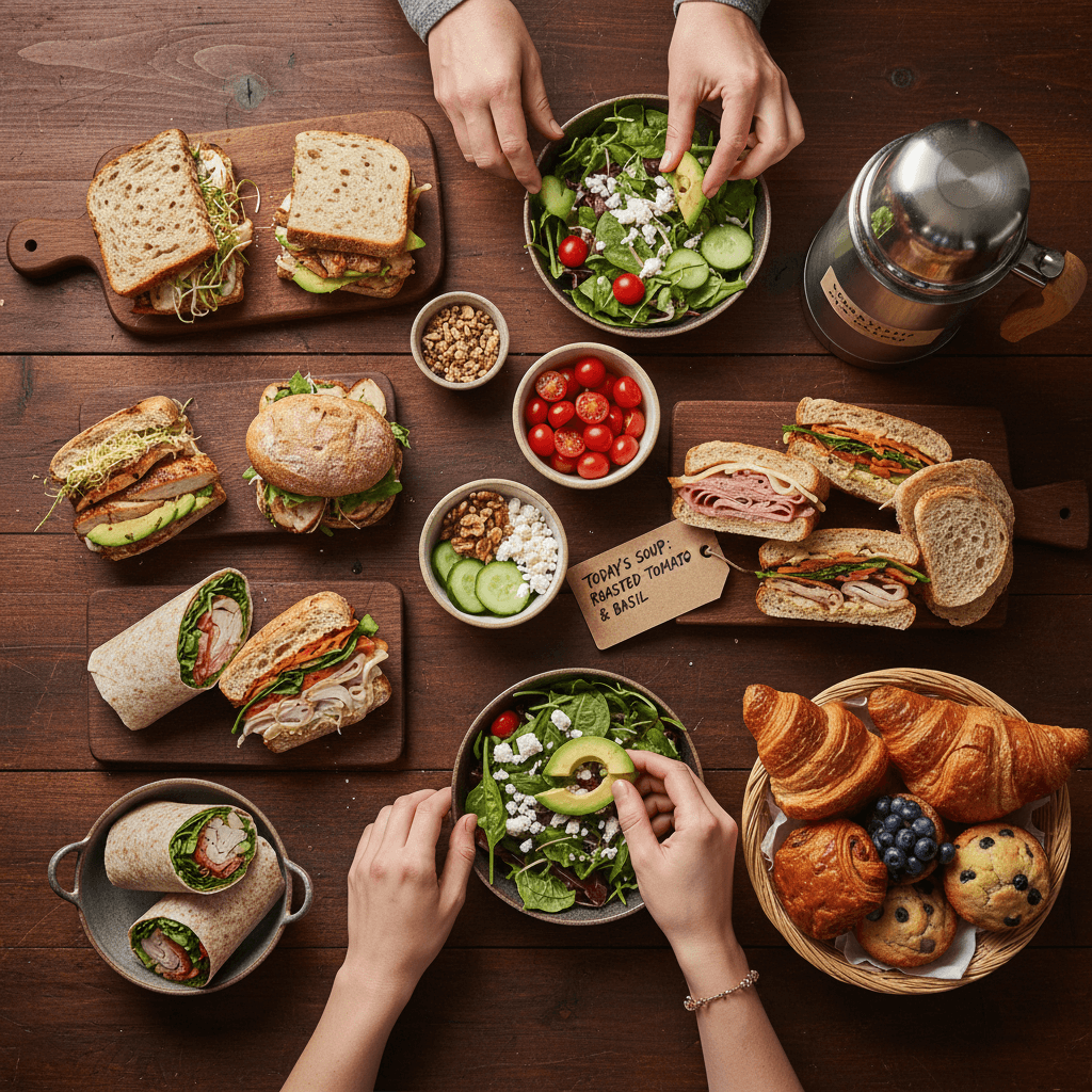 Overhead view of customizable lunch components ready to build