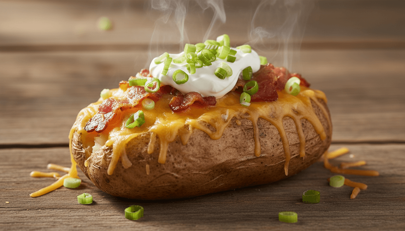 A loaded baked potato topped with melted cheese, bacon, green onions, and sour cream on a rustic wooden surface