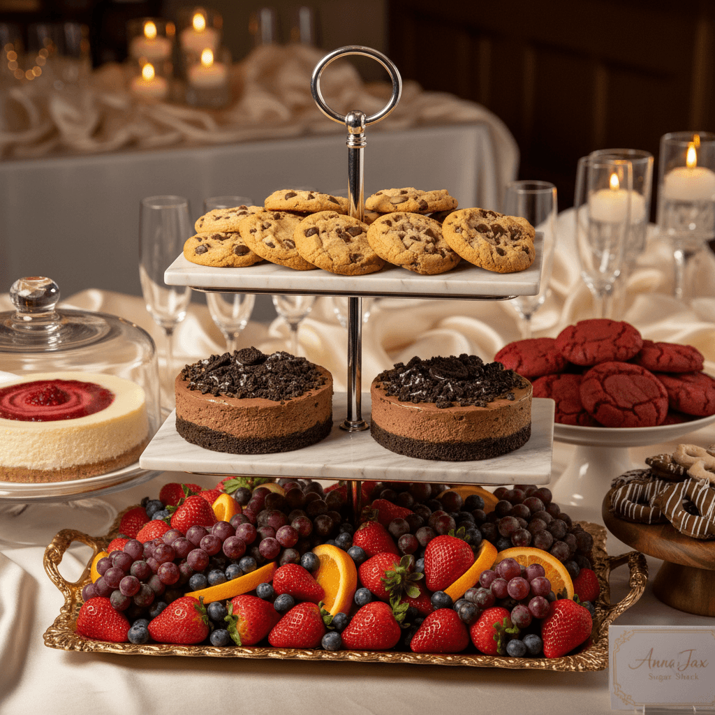 Elegant dessert buffet with cookies, cheesecakes, fresh fruit, and chocolate pretzels