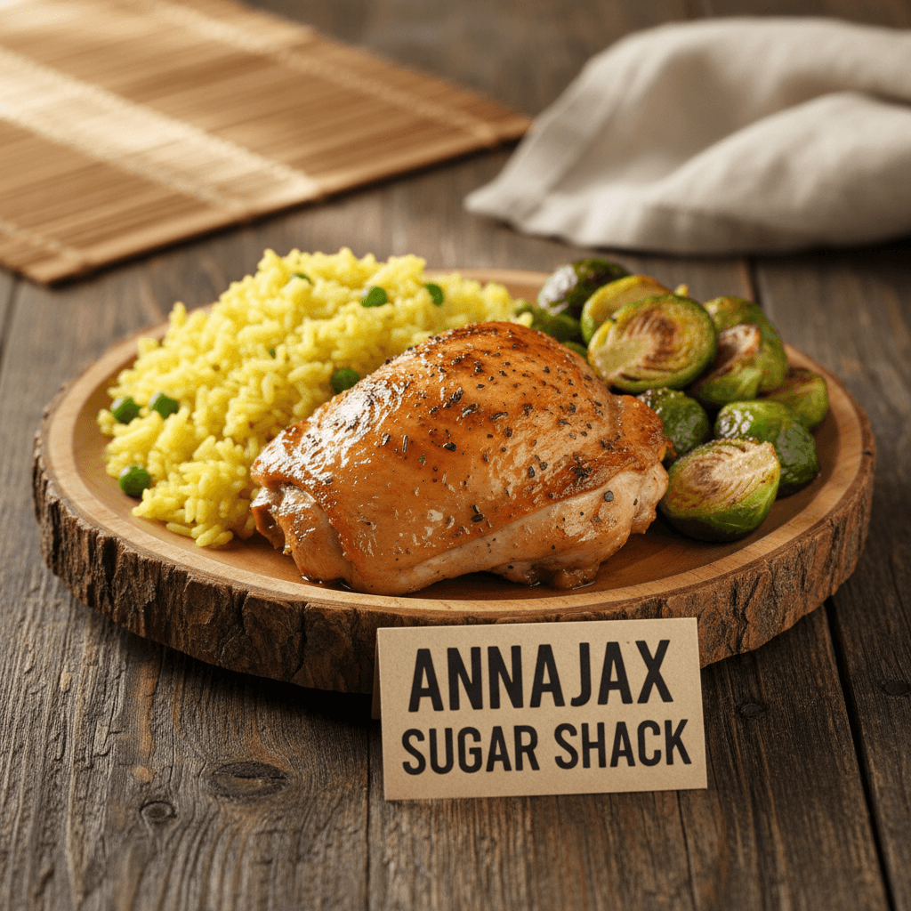 Baked chicken with yellow rice and Brussels sprouts on a rustic table