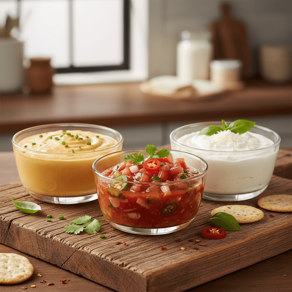 House-made cheddar cheese sauce, salsa, and Alfredo sauce in glass bowls on a wooden surface.