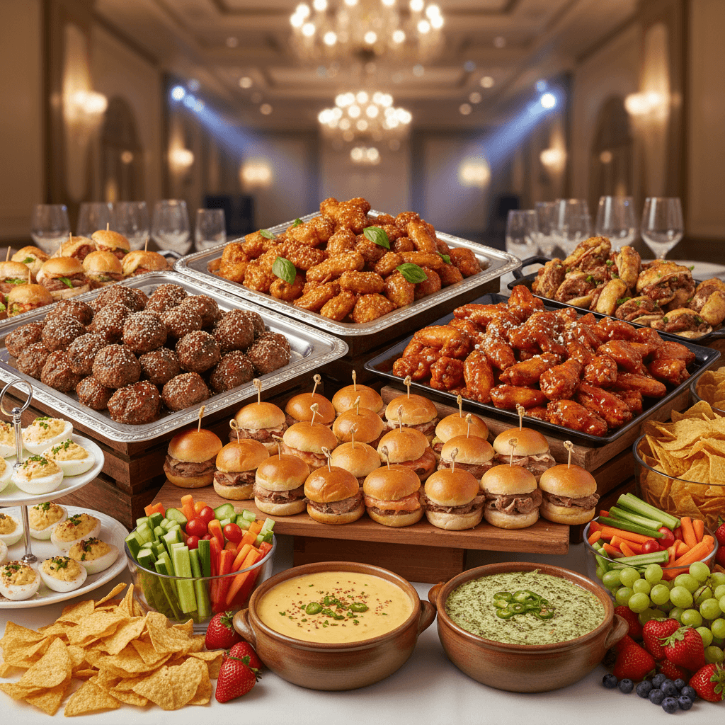 Elegant catering display with meatballs, wings, sandwiches, dips, and fresh trays.