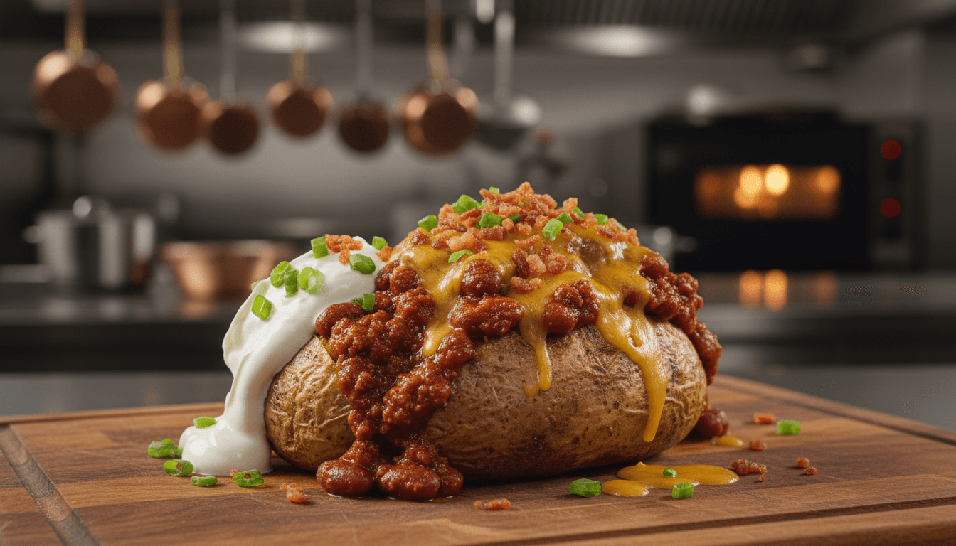 Gourmet baked potato with chili, cheese, bacon, sour cream, and green onions