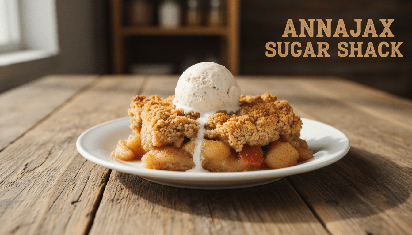 Warm apple cobbler with golden crust on a rustic wooden table