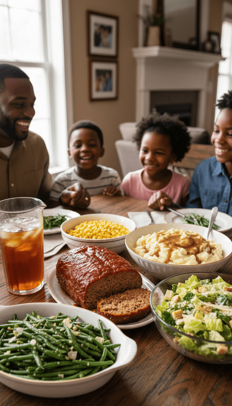 Black family enjoying a dinner with meatloaf, mashed potatoes, corn, and sweet tea in a cozy setting.
