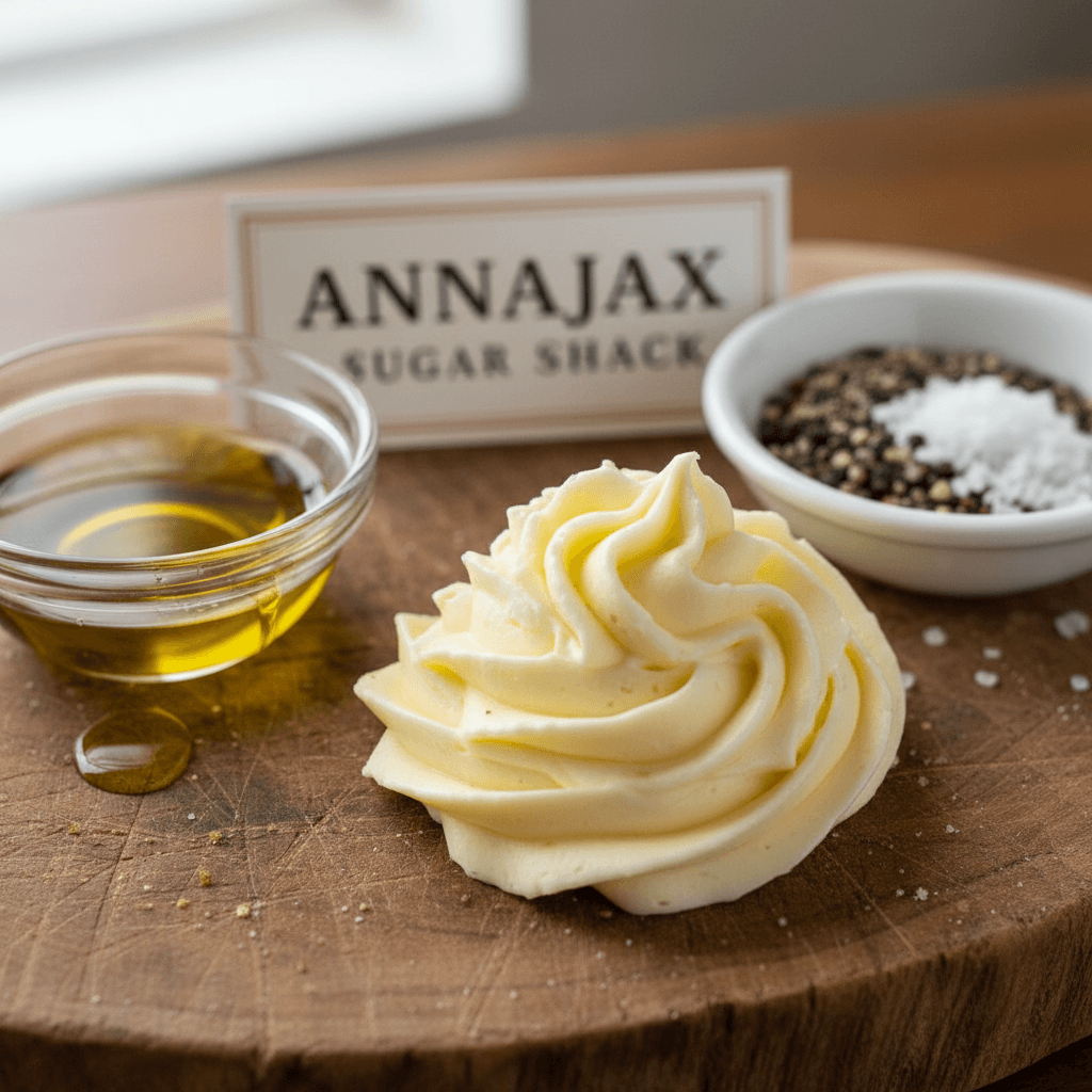 Gourmet whipped butter, olive oil drizzle, and salt and pepper on a wooden board
