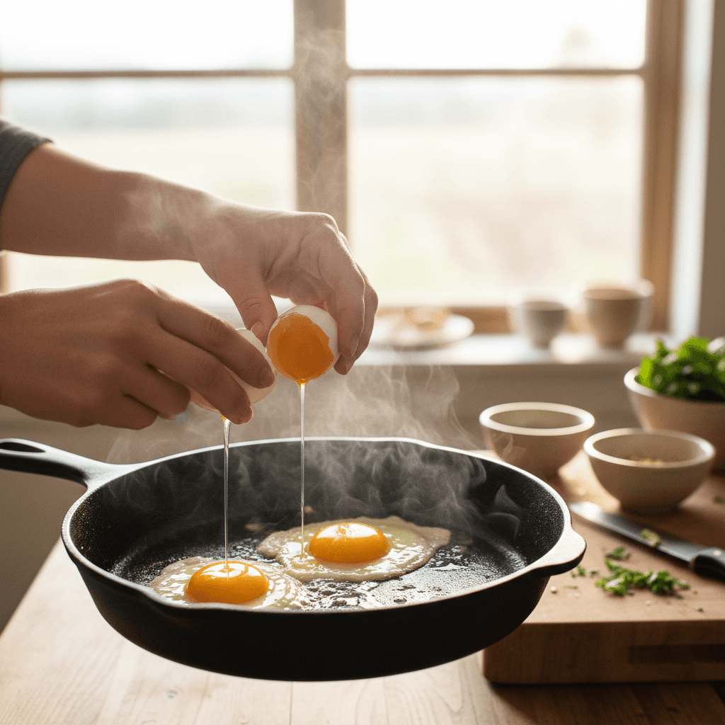 Eggs cooking in cast iron skillet