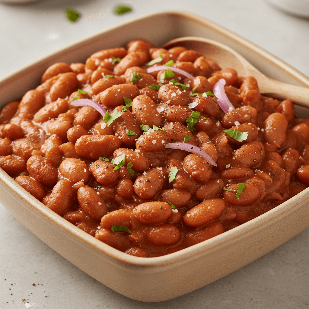 Close-up of a bowl of cooked pinto beans, creamy and inviting.