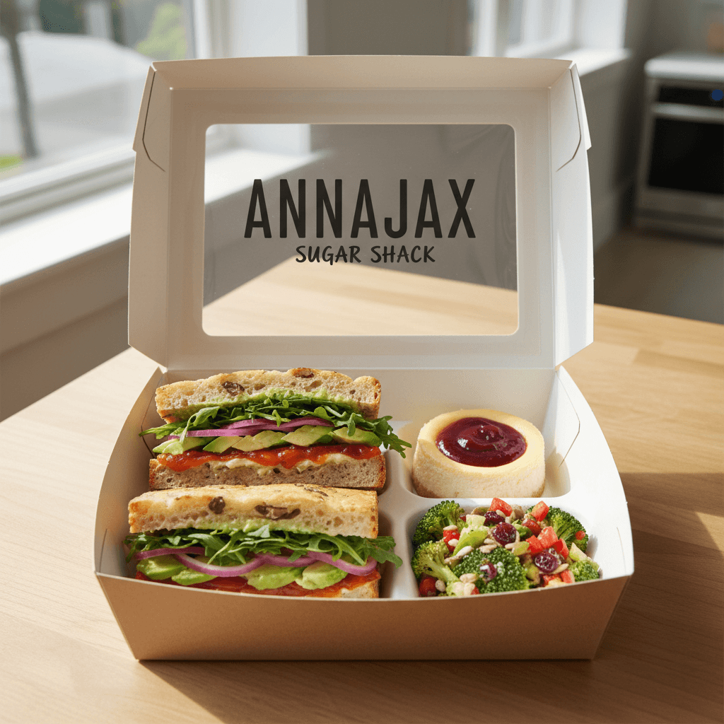 Gourmet lunch box with veggie sandwich, mini cheesecake, and broccoli salad from AnnaJax Sugar Shack