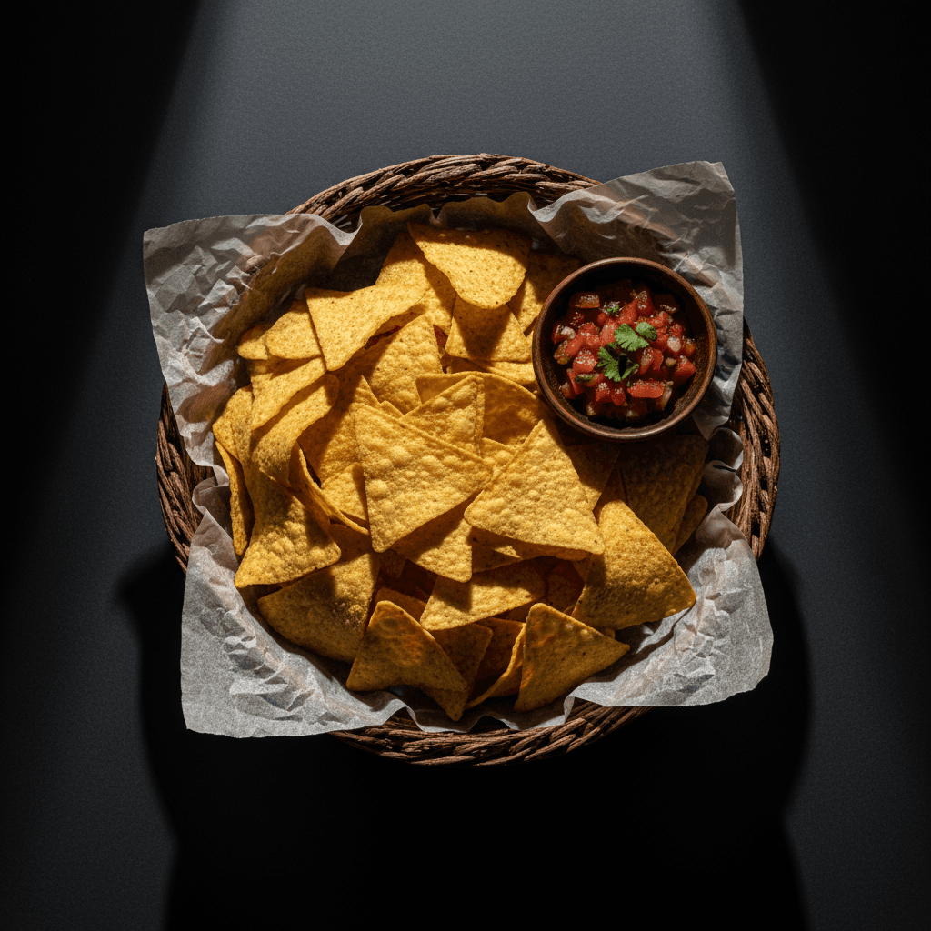 Golden crispy tortilla chips in woven basket with parchment liner