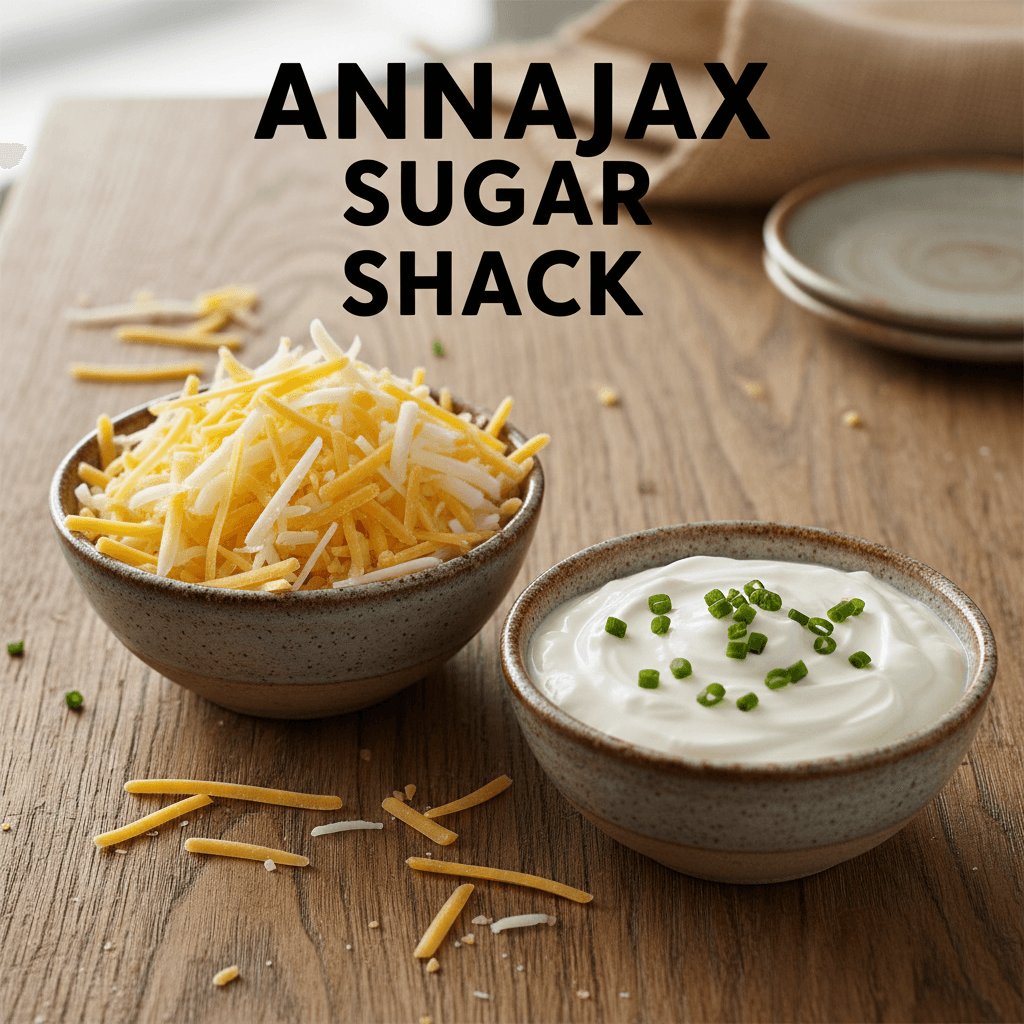 Shredded cheese and sour cream in ceramic bowls on a rustic table
