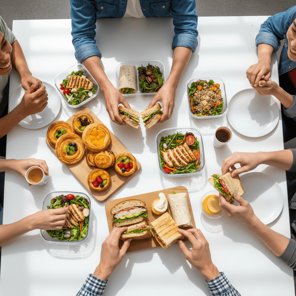 Team lunch spread with multiple boxes showing sandwiches, wraps, and desserts