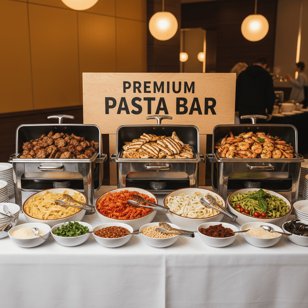Italian sausage, grilled chicken, and shrimp on a pasta bar buffet with elegant presentation.